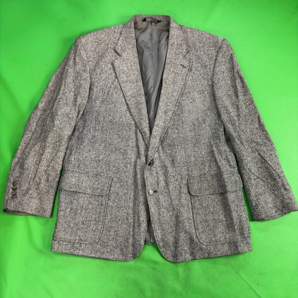 VTG 90s Lands End 100% Matka Silk Blazer Mens 48L Gray Herringbone Coat USA Made